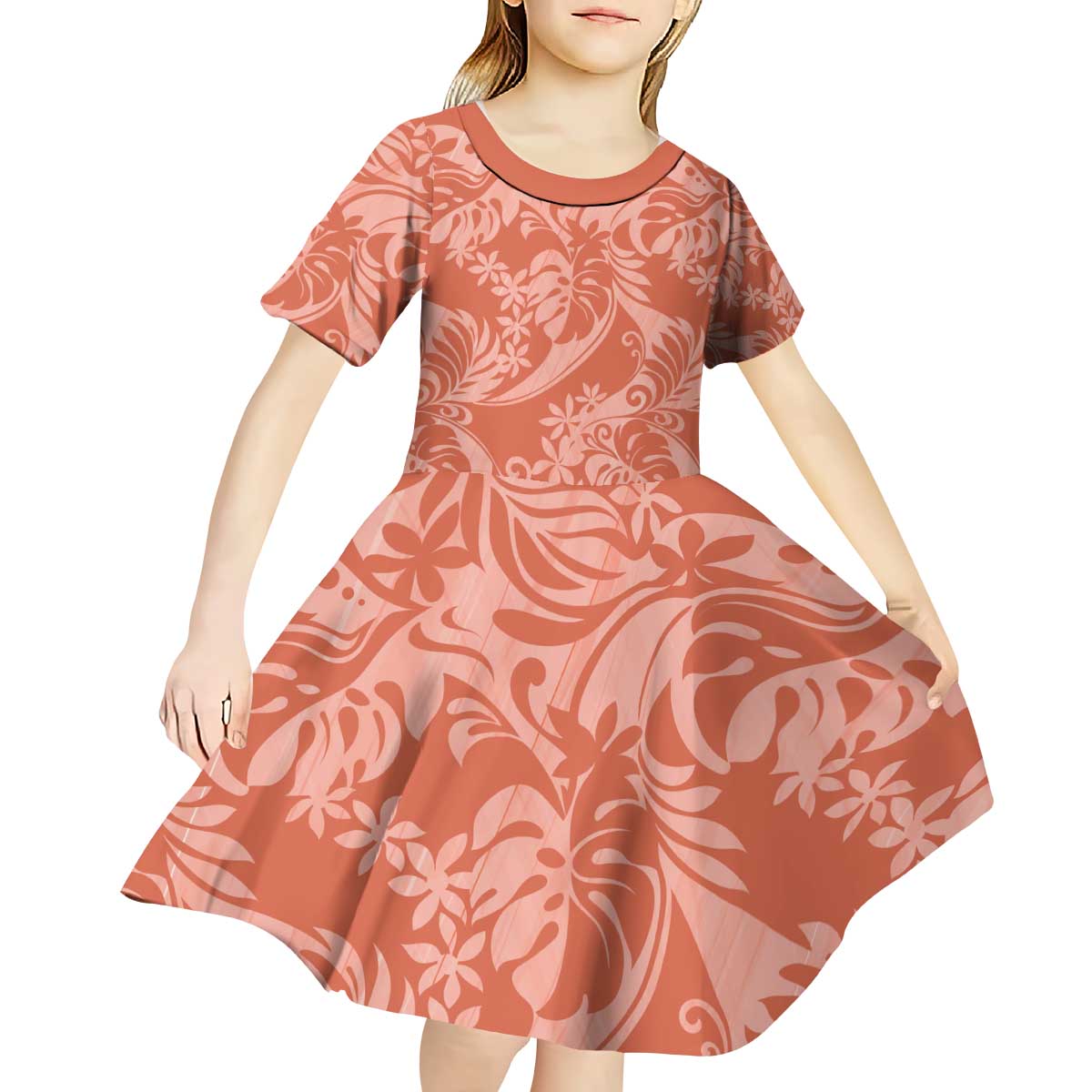 Tahiti Puatou Tiare Floral Kid Short Sleeve Dress Monstera Palm Tropical Leaves - Polynesian Pride