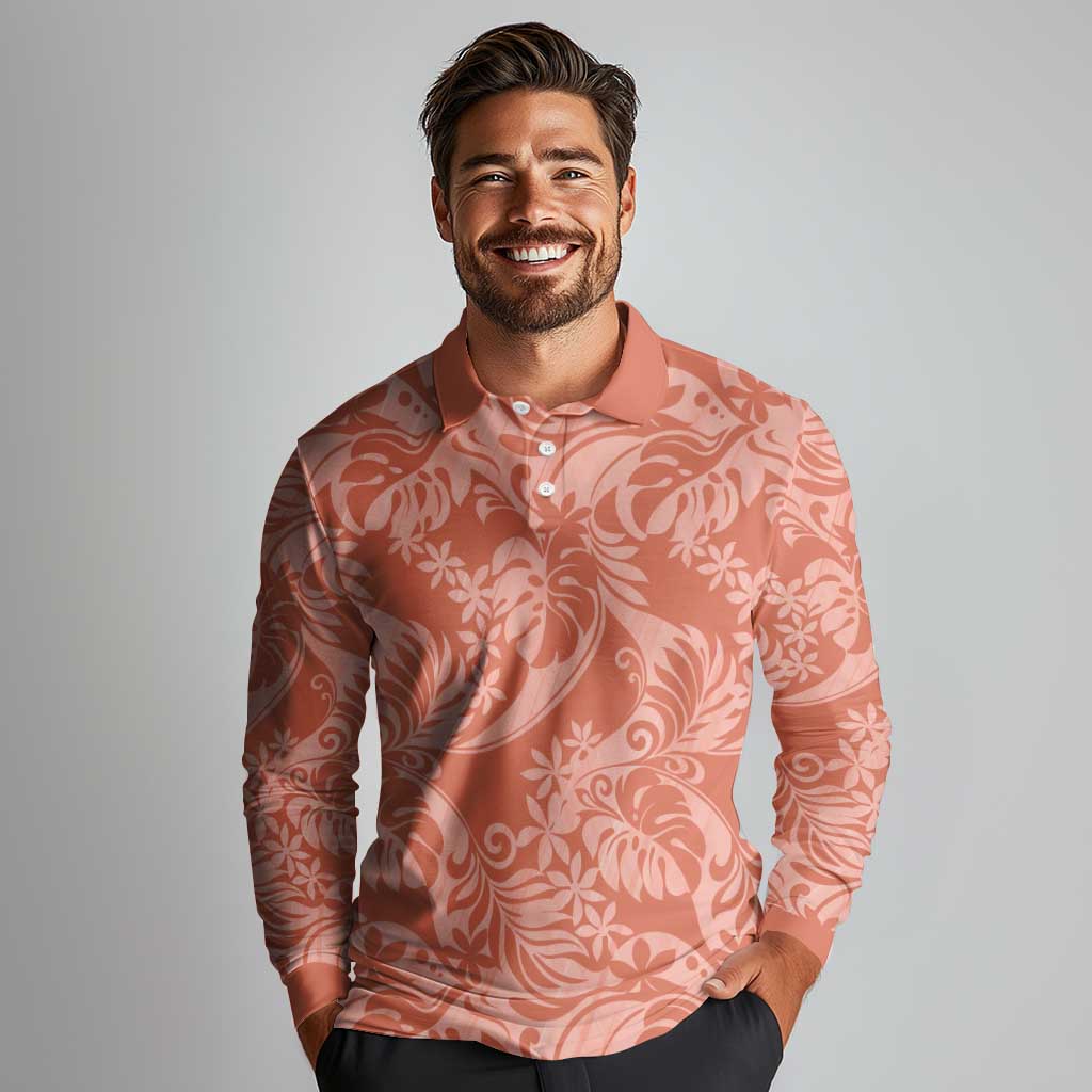 Tahiti Puatou Tiare Floral Long Sleeve Polo Shirt Monstera Palm Tropical Leaves - Polynesian Pride