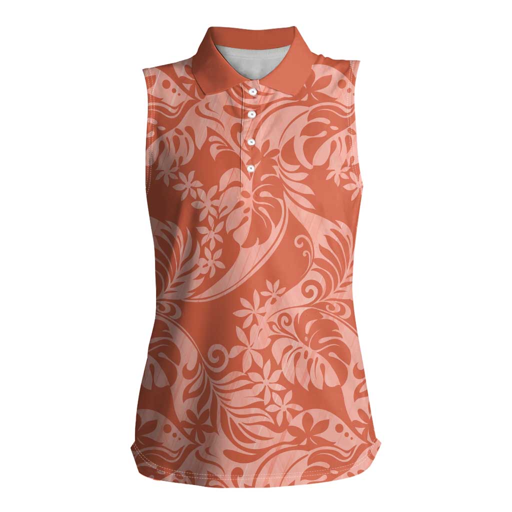 Tahiti Puatou Tiare Floral Women Sleeveless Polo Shirt Monstera Palm Tropical Leaves - Polynesian Pride