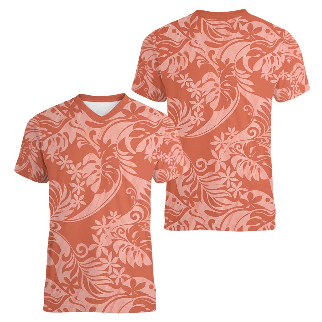 Tahiti Puatou Tiare Floral Women V-Neck T-Shirt Monstera Palm Tropical Leaves - Polynesian Pride