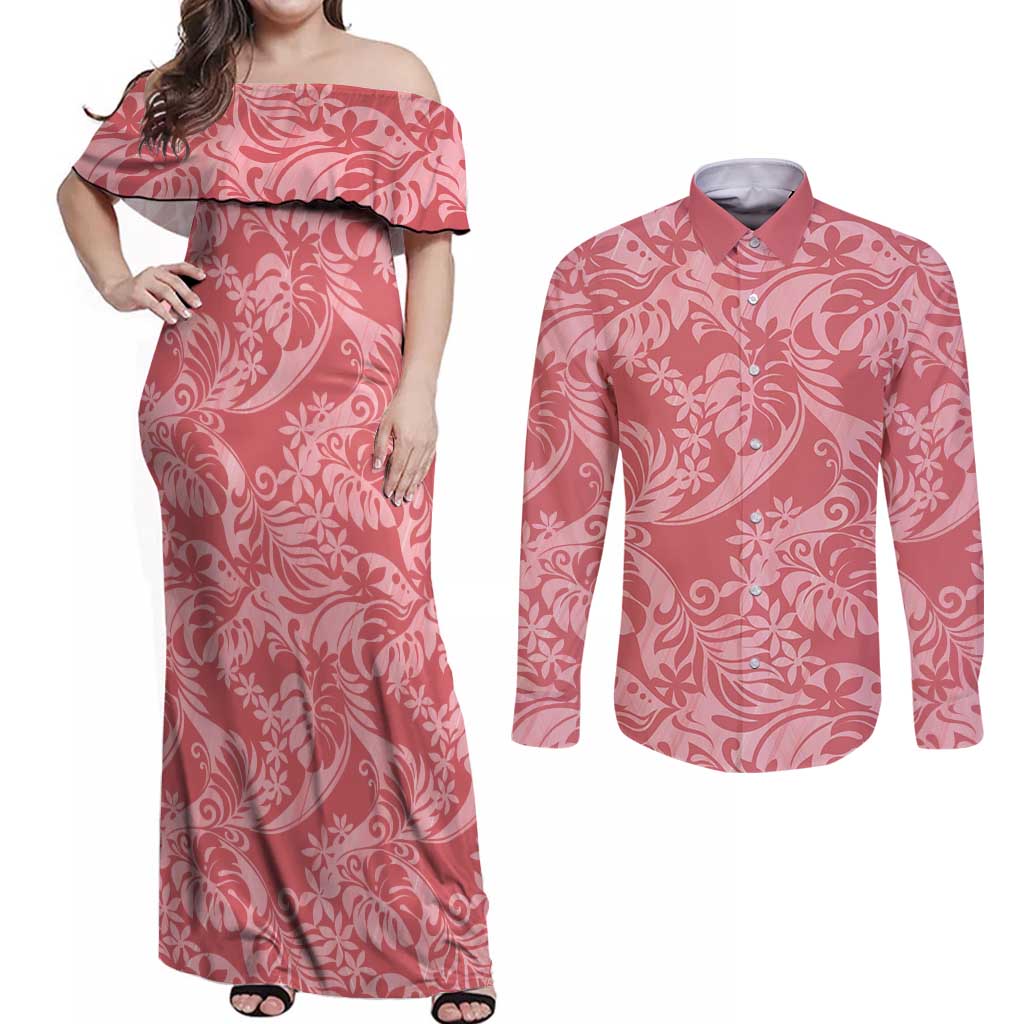 Tahiti Tarona Tiare Floral Couples Matching Off Shoulder Maxi Dress and Long Sleeve Button Shirt Monstera Palm Tropical Leaves - Polynesian Pride