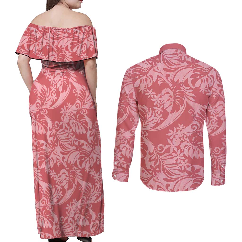 Tahiti Tarona Tiare Floral Couples Matching Off Shoulder Maxi Dress and Long Sleeve Button Shirt Monstera Palm Tropical Leaves - Polynesian Pride