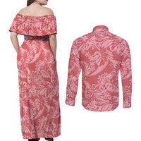 Tahiti Tarona Tiare Floral Couples Matching Off Shoulder Maxi Dress and Long Sleeve Button Shirt Monstera Palm Tropical Leaves - Polynesian Pride