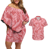 Tahiti Tarona Tiare Floral Couples Matching Off Shoulder Short Dress and Hawaiian Shirt Monstera Palm Tropical Leaves - Polynesian Pride