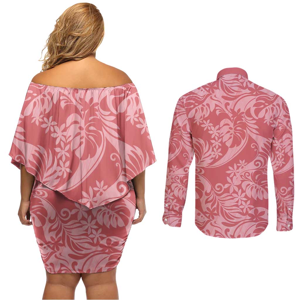 Tahiti Tarona Tiare Floral Couples Matching Off Shoulder Short Dress and Long Sleeve Button Shirt Monstera Palm Tropical Leaves - Polynesian Pride