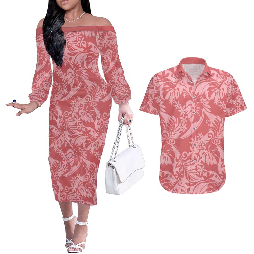 Tahiti Tarona Tiare Floral Couples Matching Off The Shoulder Long Sleeve Dress and Hawaiian Shirt Monstera Palm Tropical Leaves - Polynesian Pride
