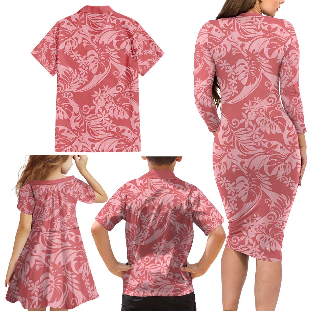 Tahiti Tarona Tiare Floral Family Matching Long Sleeve Bodycon Dress and Hawaiian Shirt Monstera Palm Tropical Leaves - Polynesian Pride