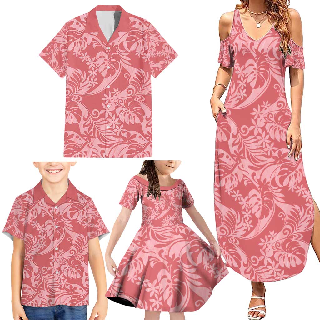 Tahiti Tarona Tiare Floral Family Matching Summer Maxi Dress and Hawaiian Shirt Monstera Palm Tropical Leaves - Polynesian Pride