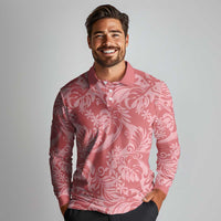 Tahiti Tarona Tiare Floral Long Sleeve Polo Shirt Monstera Palm Tropical Leaves - Polynesian Pride