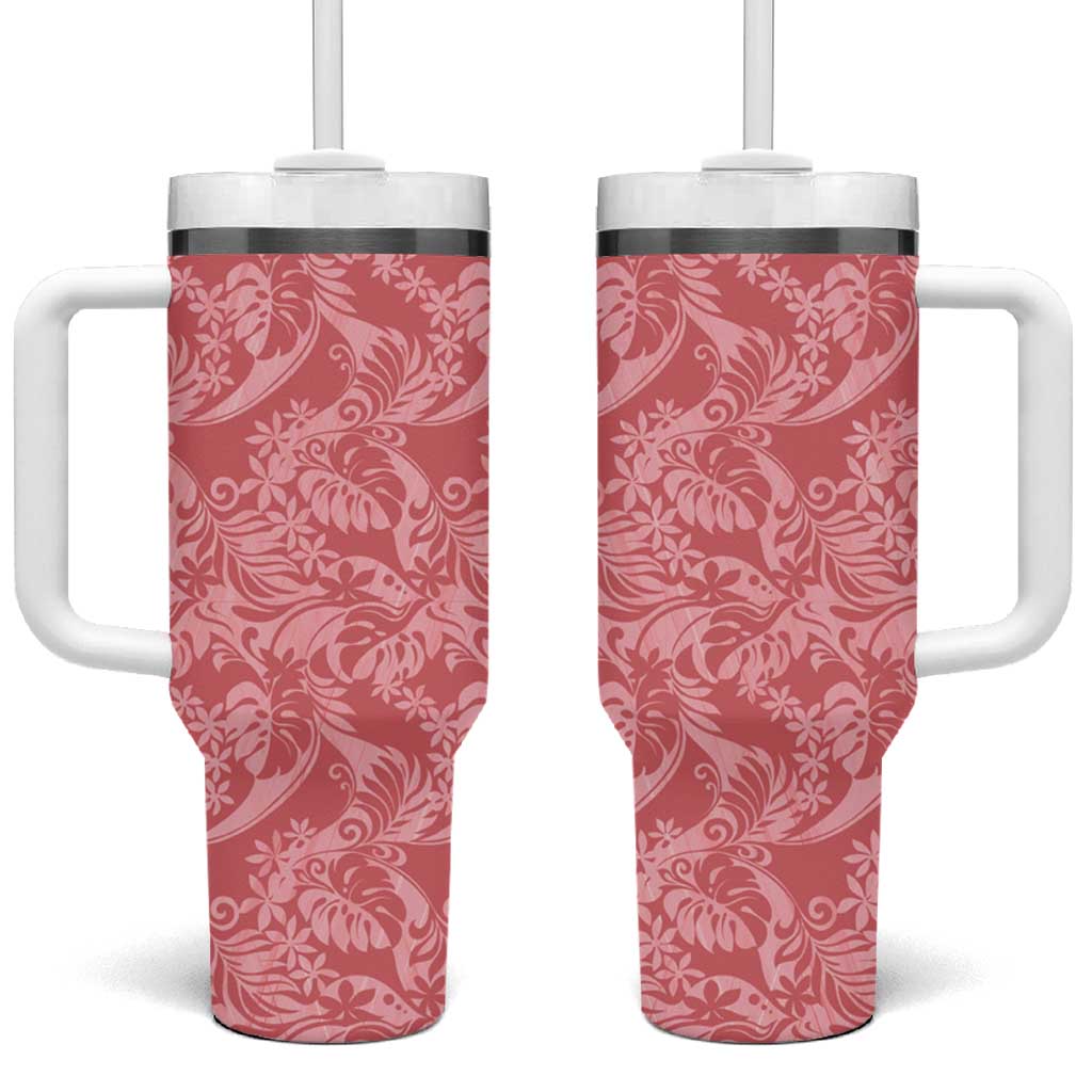 Tahiti Tarona Tiare Floral Tumbler With Handle Monstera Palm Tropical Leaves - Polynesian Pride