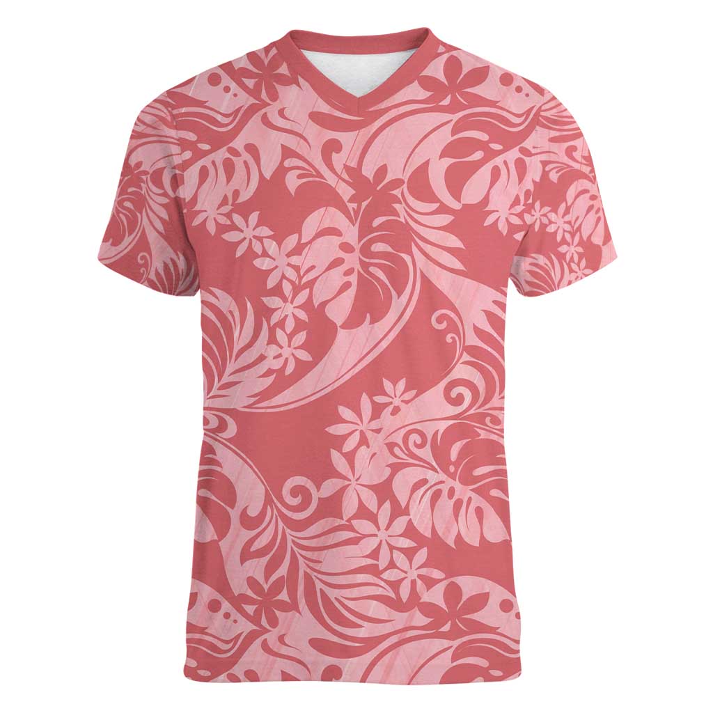 Tahiti Tarona Tiare Floral Women V-Neck T-Shirt Monstera Palm Tropical Leaves - Polynesian Pride