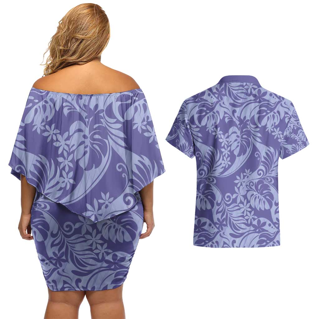Tahiti Vareau Tiare Floral Couples Matching Off Shoulder Short Dress and Hawaiian Shirt Monstera Palm Tropical Leaves - Polynesian Pride