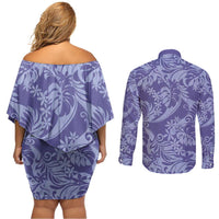 Tahiti Vareau Tiare Floral Couples Matching Off Shoulder Short Dress and Long Sleeve Button Shirt Monstera Palm Tropical Leaves - Polynesian Pride