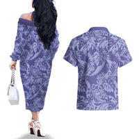 Tahiti Vareau Tiare Floral Couples Matching Off The Shoulder Long Sleeve Dress and Hawaiian Shirt Monstera Palm Tropical Leaves - Polynesian Pride