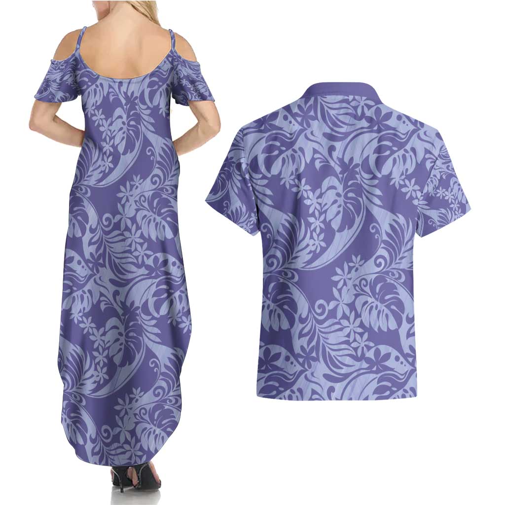 Tahiti Vareau Tiare Floral Couples Matching Summer Maxi Dress and Hawaiian Shirt Monstera Palm Tropical Leaves - Polynesian Pride