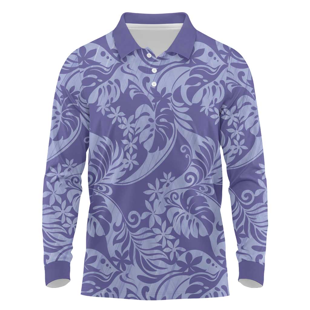 Tahiti Vareau Tiare Floral Long Sleeve Polo Shirt Monstera Palm Tropical Leaves - Polynesian Pride