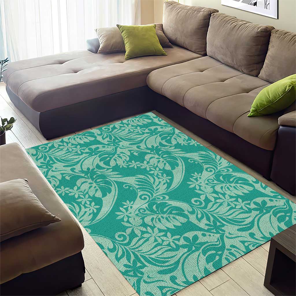 Tahiti Teal Tiare Floral Area Rug Monstera Palm Tropical Leaves - Polynesian Pride