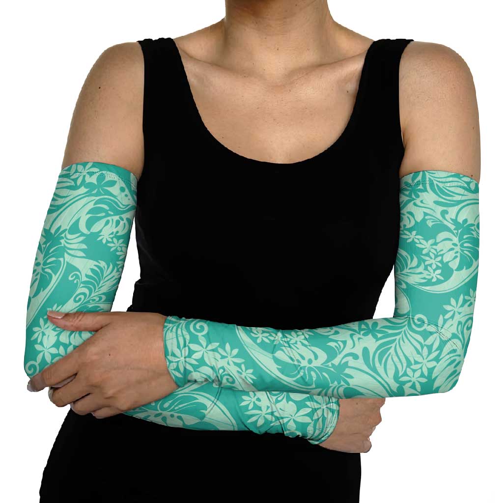 Tahiti Teal Tiare Floral Arm Sleeves Monstera Palm Tropical Leaves - Polynesian Pride