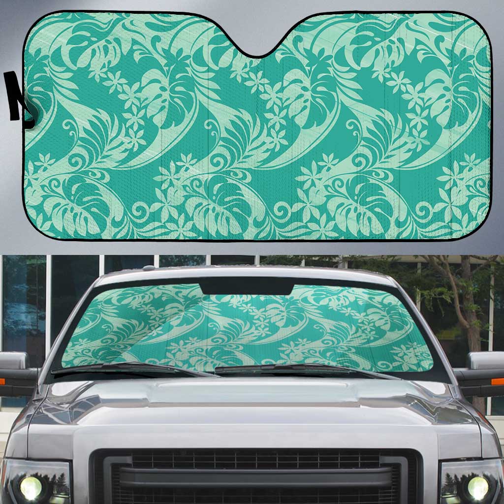 Tahiti Teal Tiare Floral Auto Sun Shade Monstera Palm Tropical Leaves - Polynesian Pride
