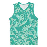 Tahiti Teal Tiare Floral Basketball Jersey Monstera Palm Tropical Leaves - Polynesian Pride