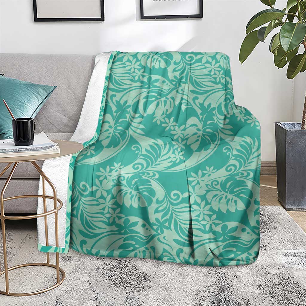 Tahiti Teal Tiare Floral Blanket Monstera Palm Tropical Leaves - Polynesian Pride