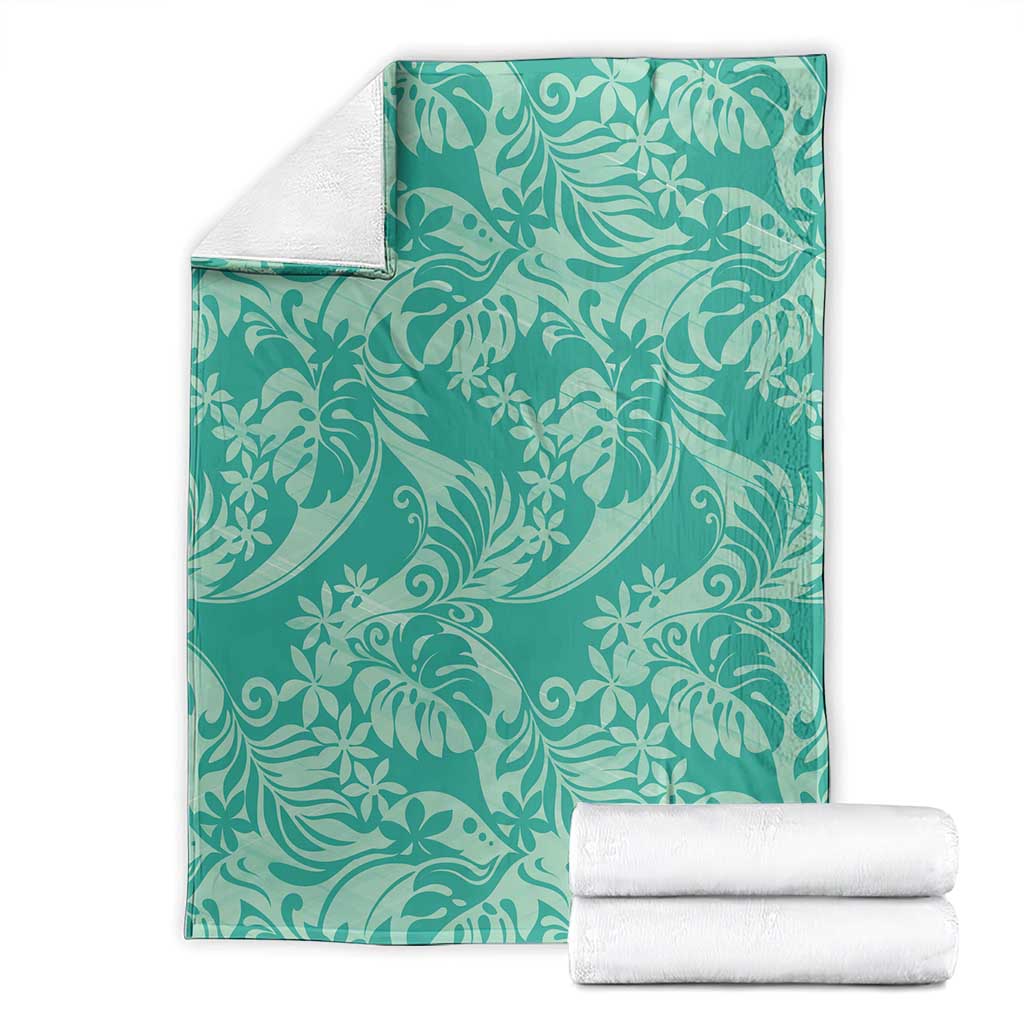 Tahiti Teal Tiare Floral Blanket Monstera Palm Tropical Leaves - Polynesian Pride