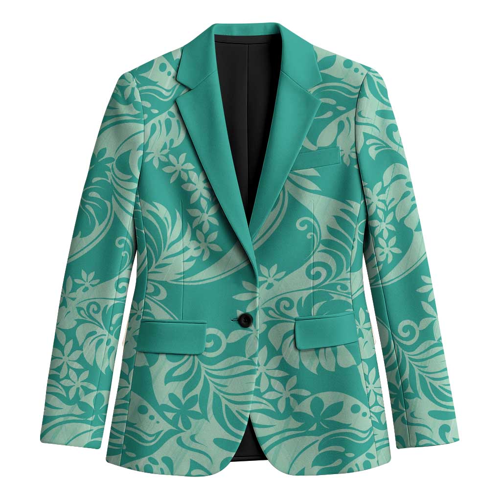 Tahiti Teal Tiare Floral Blazer Monstera Palm Tropical Leaves - Polynesian Pride