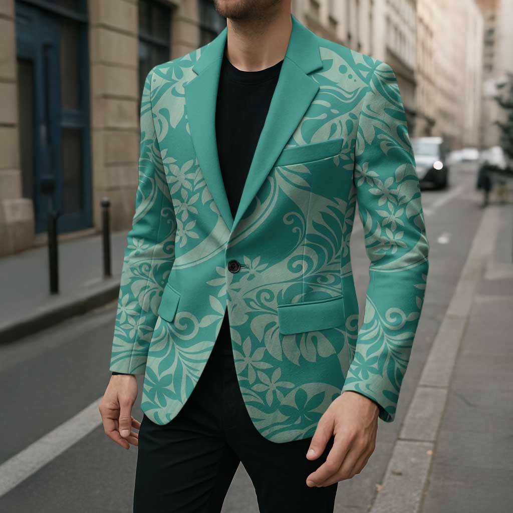 Tahiti Teal Tiare Floral Blazer Monstera Palm Tropical Leaves - Polynesian Pride