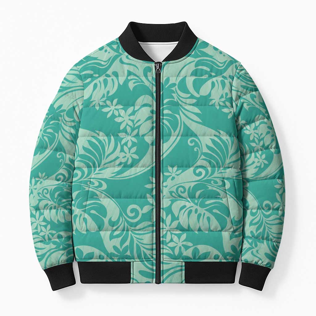 Tahiti Teal Tiare Floral Bomber Puffer Jacket Monstera Palm Tropical Leaves - Polynesian Pride