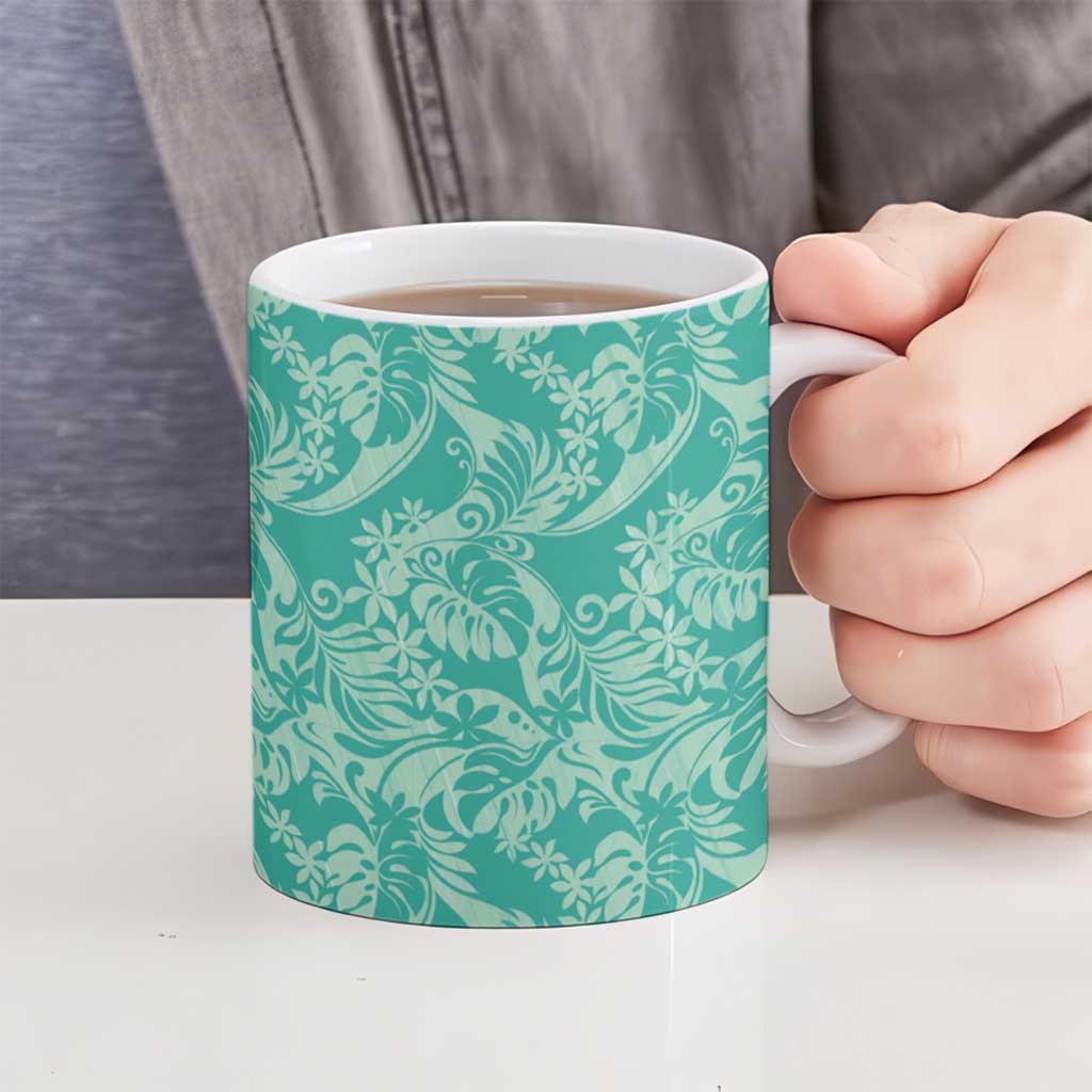 Tahiti Teal Tiare Floral Ceramic Mug Monstera Palm Tropical Leaves - Polynesian Pride