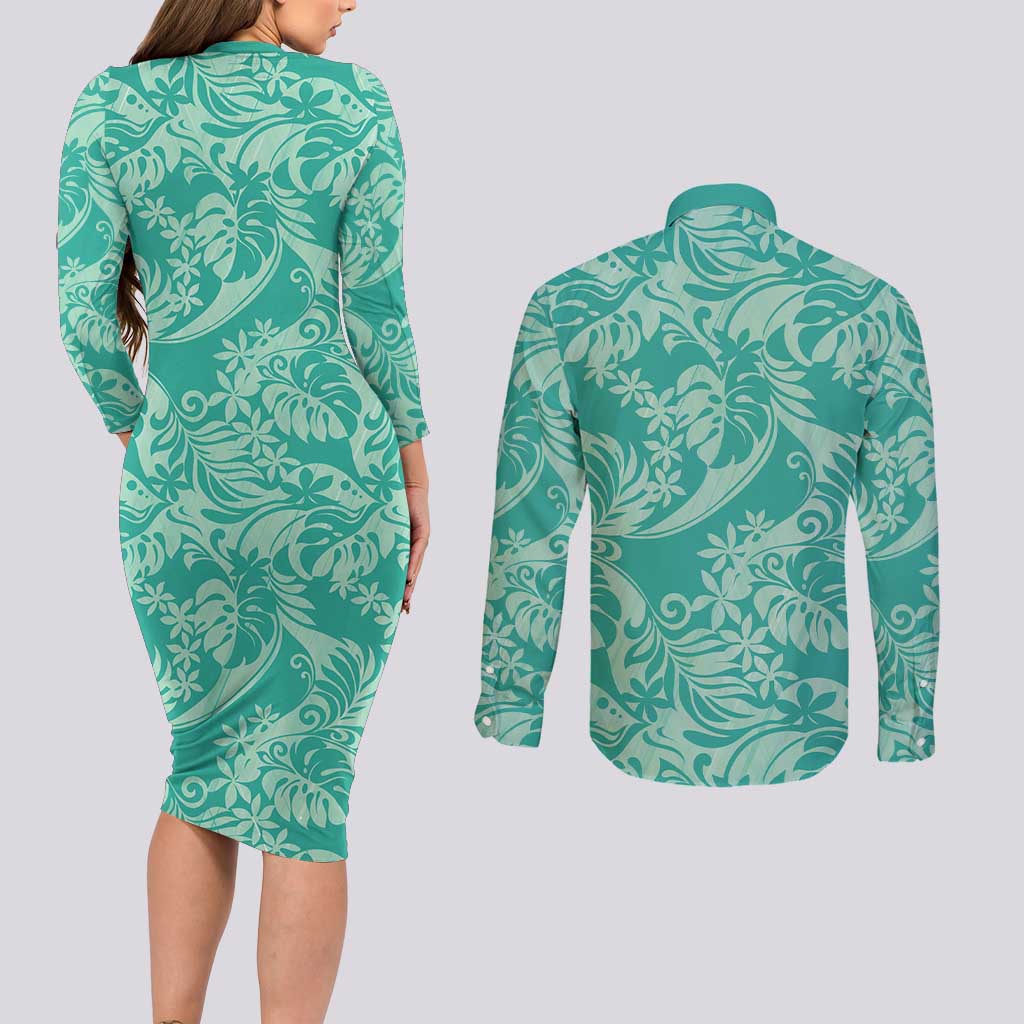 Tahiti Teal Tiare Floral Couples Matching Long Sleeve Bodycon Dress and Long Sleeve Button Shirt Monstera Palm Tropical Leaves - Polynesian Pride