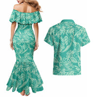 Tahiti Teal Tiare Floral Couples Matching Mermaid Dress and Hawaiian Shirt Monstera Palm Tropical Leaves - Polynesian Pride