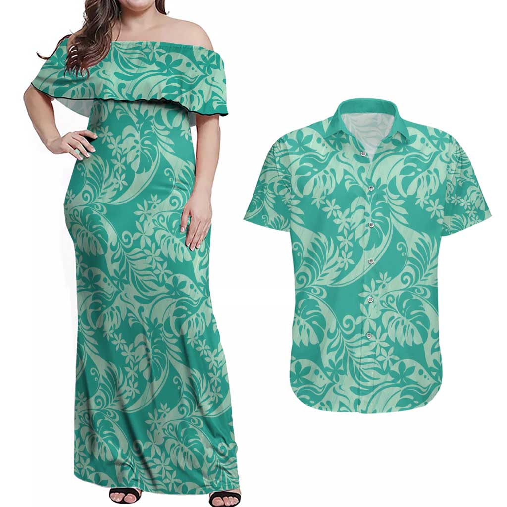 Tahiti Teal Tiare Floral Couples Matching Off Shoulder Maxi Dress and Hawaiian Shirt Monstera Palm Tropical Leaves - Polynesian Pride