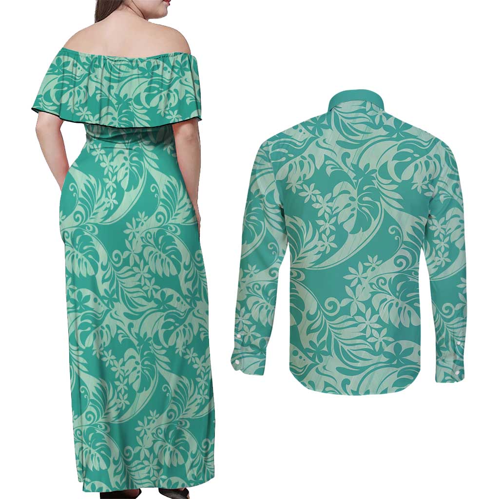 Tahiti Teal Tiare Floral Couples Matching Off Shoulder Maxi Dress and Long Sleeve Button Shirt Monstera Palm Tropical Leaves - Polynesian Pride