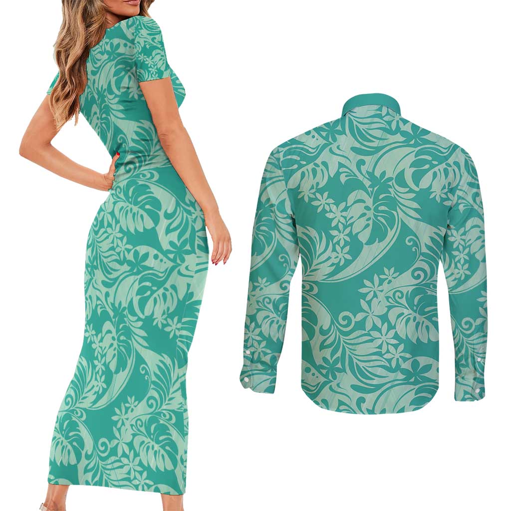 Tahiti Teal Tiare Floral Couples Matching Short Sleeve Bodycon Dress and Long Sleeve Button Shirt Monstera Palm Tropical Leaves - Polynesian Pride