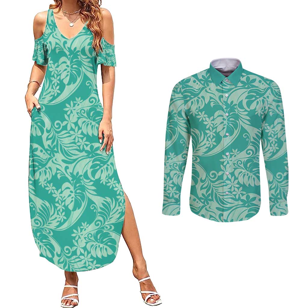 Tahiti Teal Tiare Floral Couples Matching Summer Maxi Dress and Long Sleeve Button Shirt Monstera Palm Tropical Leaves - Polynesian Pride