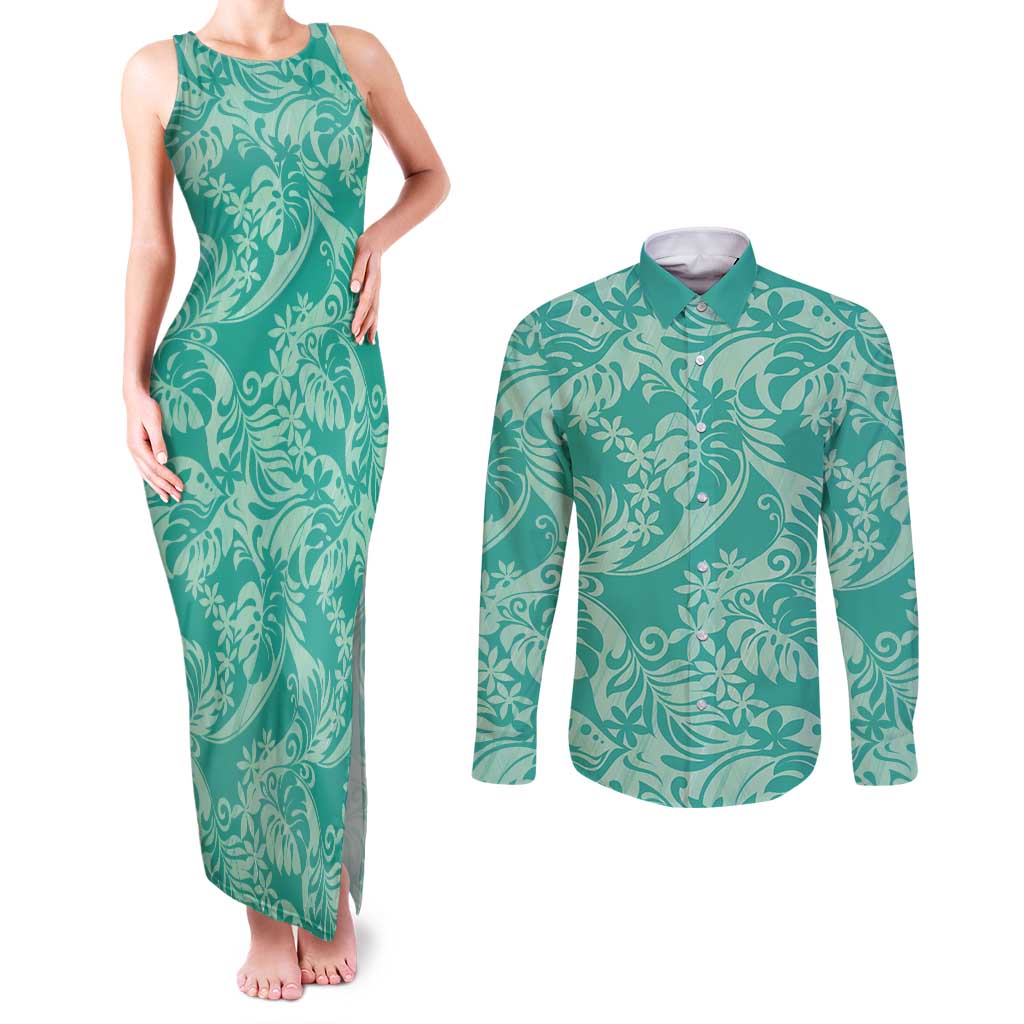 Tahiti Teal Tiare Floral Couples Matching Tank Maxi Dress and Long Sleeve Button Shirt Monstera Palm Tropical Leaves - Polynesian Pride