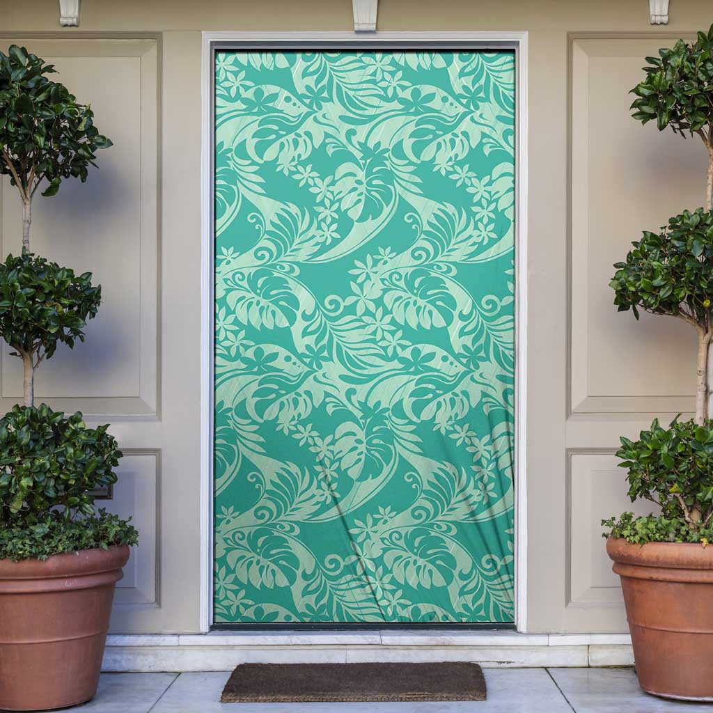 Tahiti Teal Tiare Floral Door Cover Monstera Palm Tropical Leaves - Polynesian Pride