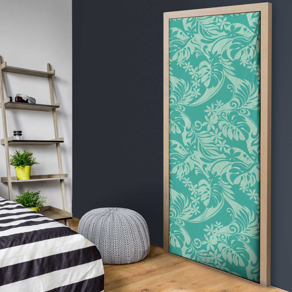 Tahiti Teal Tiare Floral Door Cover Monstera Palm Tropical Leaves - Polynesian Pride