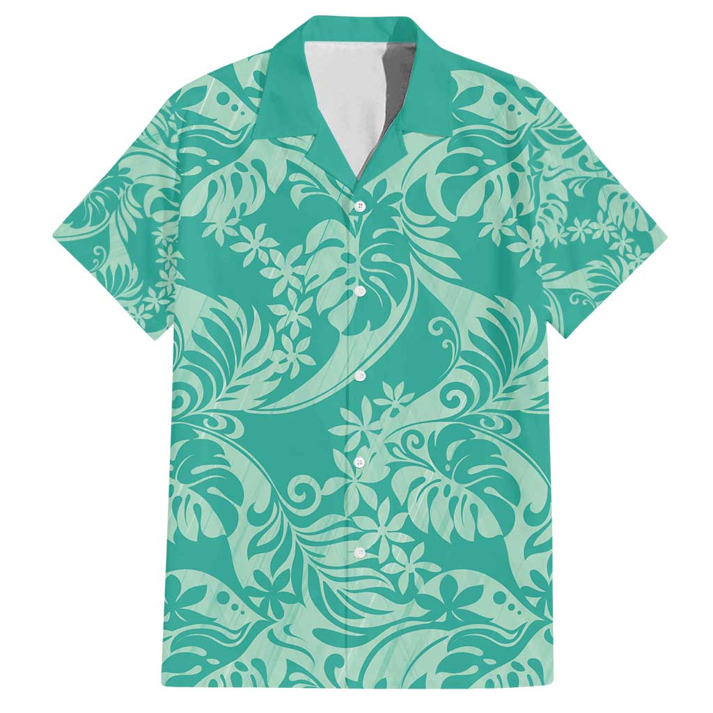 Tahiti Teal Tiare Floral Family Matching Long Sleeve Bodycon Dress and Hawaiian Shirt Monstera Palm Tropical Leaves - Polynesian Pride