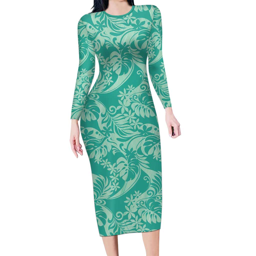 Tahiti Teal Tiare Floral Family Matching Long Sleeve Bodycon Dress and Hawaiian Shirt Monstera Palm Tropical Leaves - Polynesian Pride