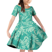 Tahiti Teal Tiare Floral Family Matching Off Shoulder Short Dress and Hawaiian Shirt Monstera Palm Tropical Leaves - Polynesian Pride