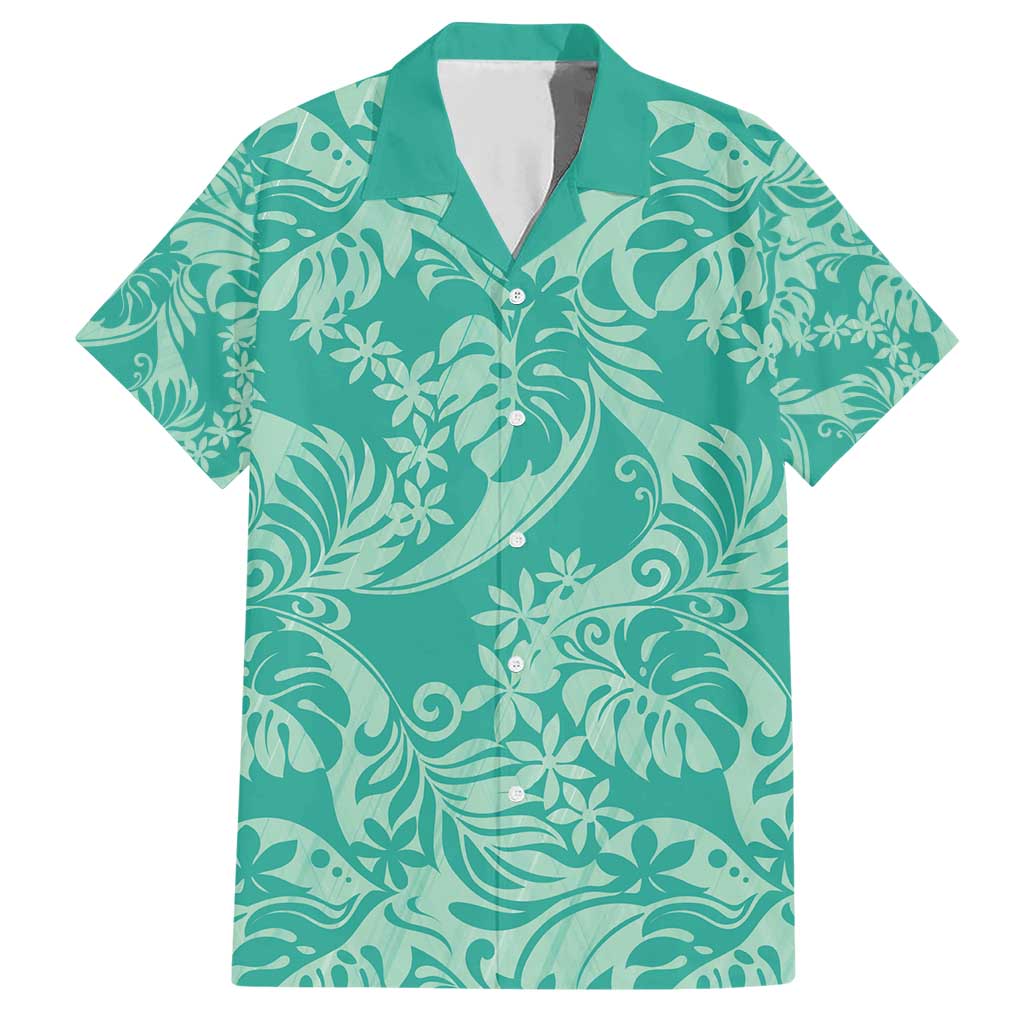 Tahiti Teal Tiare Floral Family Matching Short Sleeve Bodycon Dress and Hawaiian Shirt Monstera Palm Tropical Leaves - Polynesian Pride