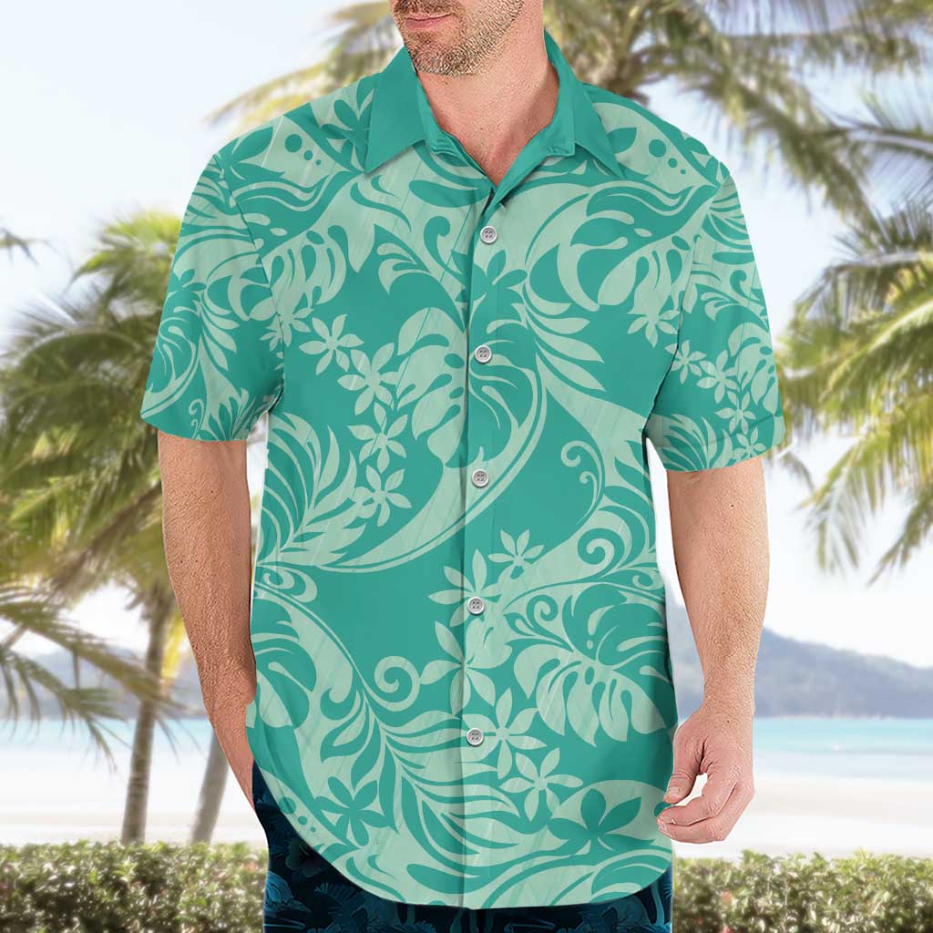 Tahiti Teal Tiare Floral Hawaiian Shirt Monstera Palm Tropical Leaves - Polynesian Pride