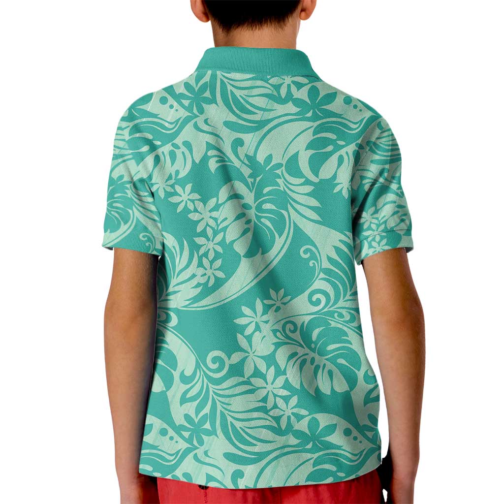Tahiti Teal Tiare Floral Kid Polo Shirt Monstera Palm Tropical Leaves - Polynesian Pride