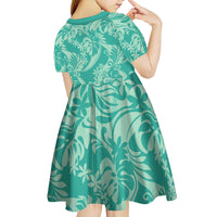 Tahiti Teal Tiare Floral Kid Short Sleeve Dress Monstera Palm Tropical Leaves - Polynesian Pride