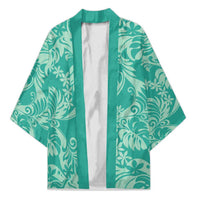 Tahiti Teal Tiare Floral Kimono Monstera Palm Tropical Leaves - Polynesian Pride