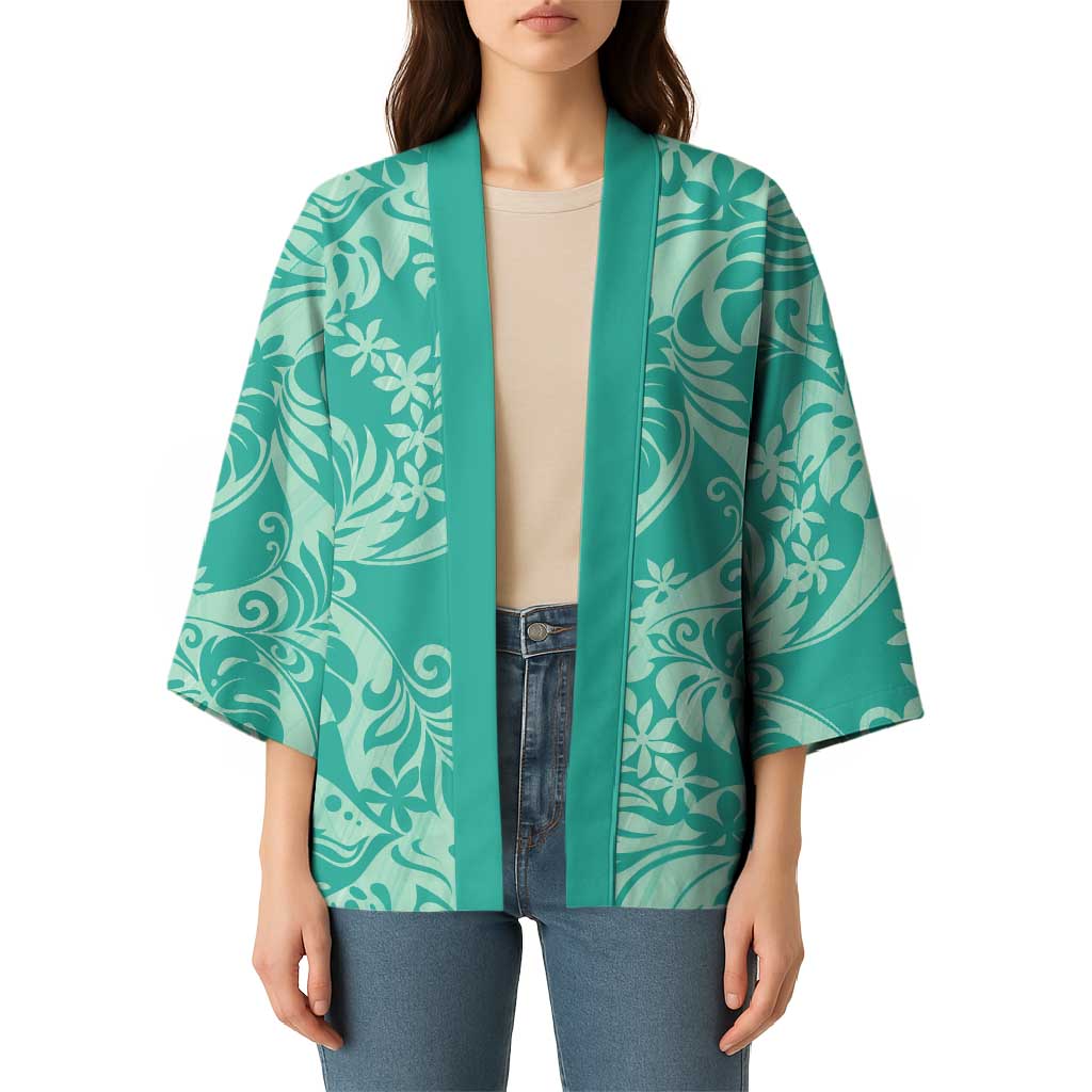 Tahiti Teal Tiare Floral Kimono Monstera Palm Tropical Leaves - Polynesian Pride