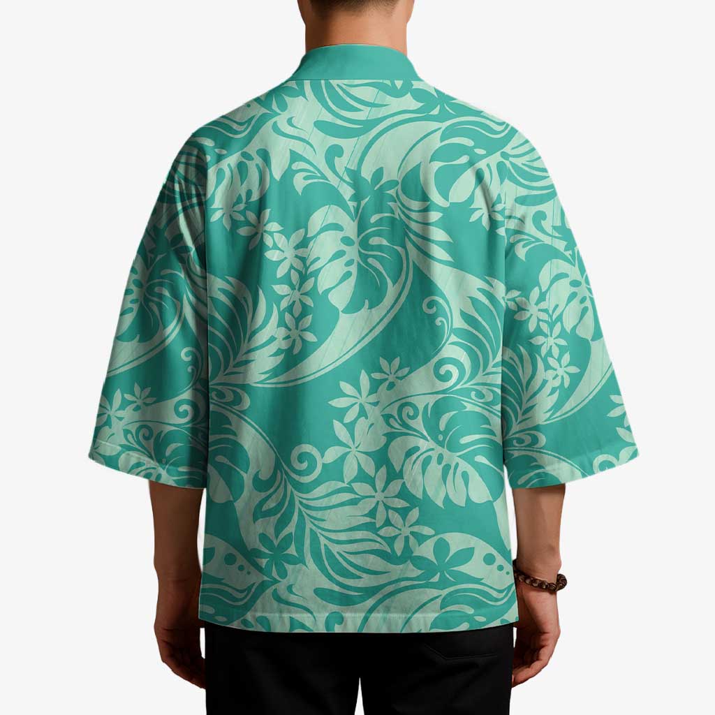 Tahiti Teal Tiare Floral Kimono Monstera Palm Tropical Leaves - Polynesian Pride