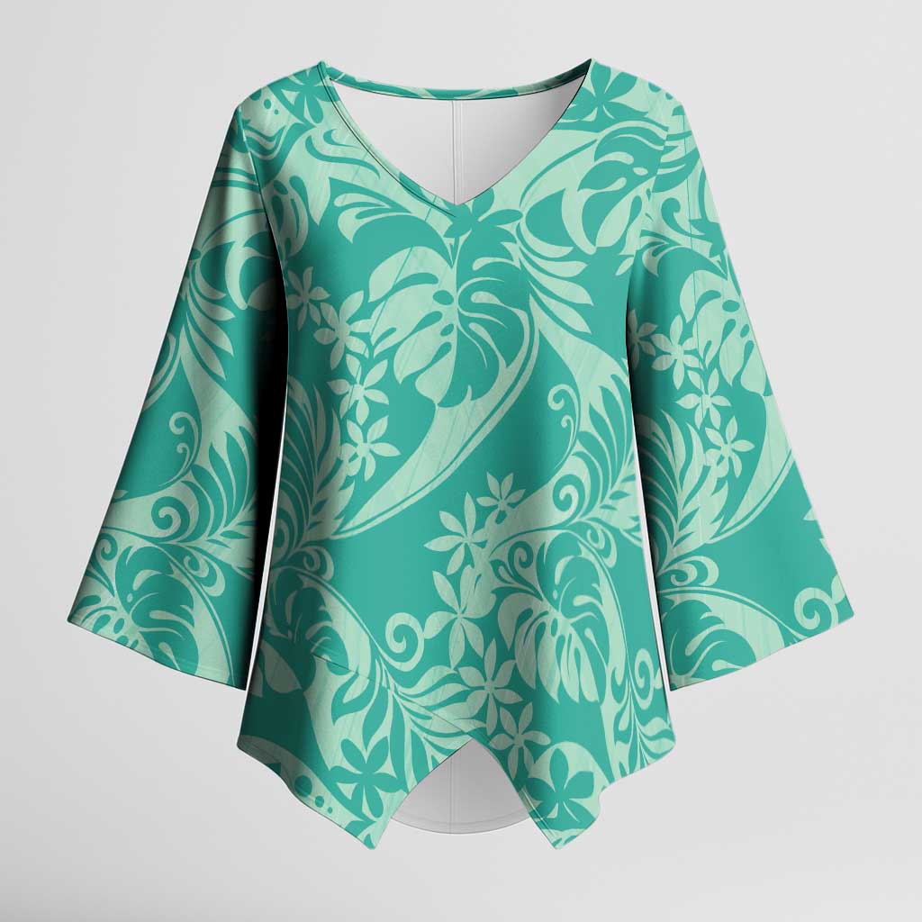 Tahiti Teal Tiare Floral Kimono Sleeve Blouse Monstera Palm Tropical Leaves - Polynesian Pride